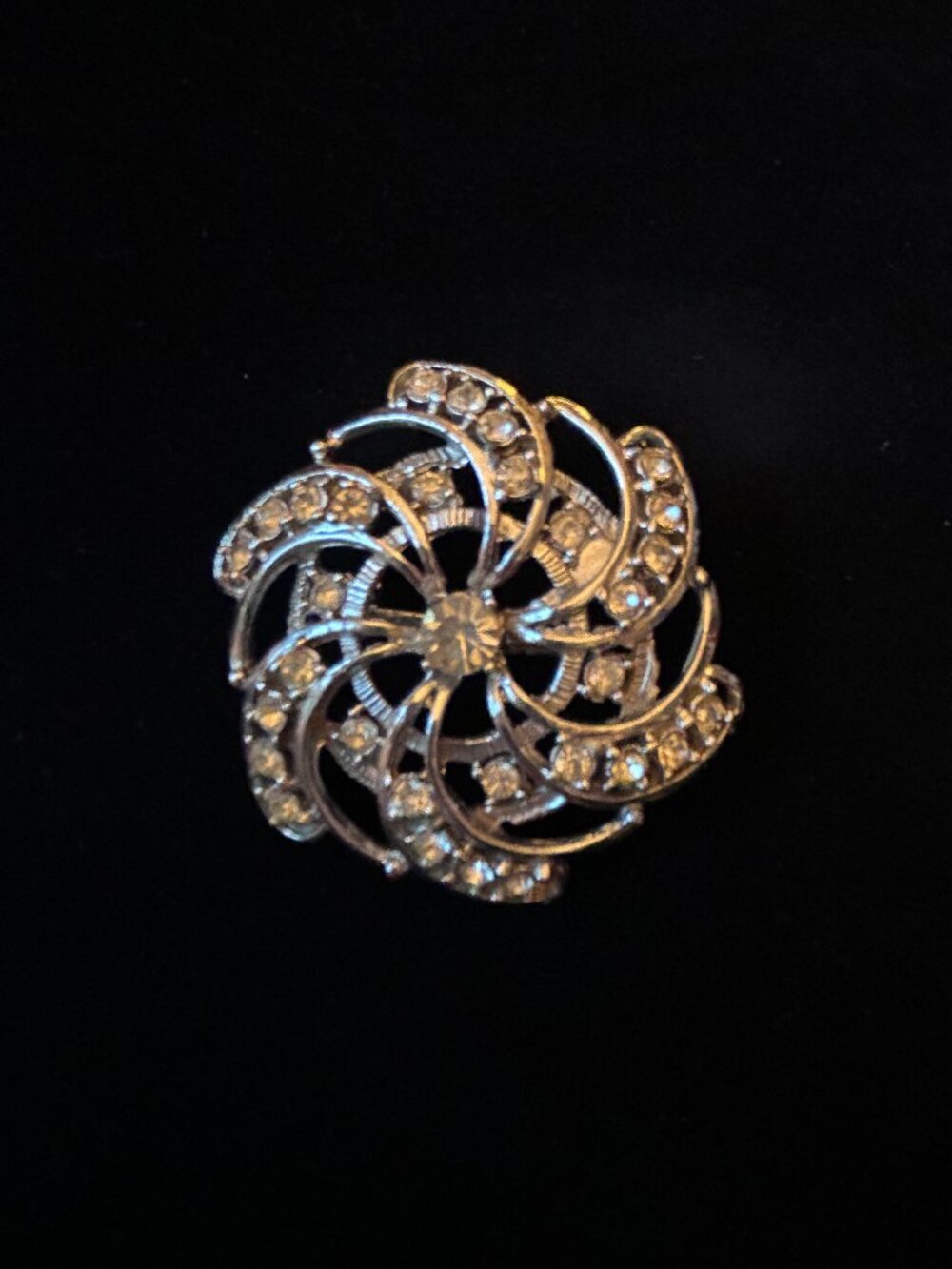Silver Tone Rhinestone Swirl Pinwheel Brooch Domed Openwork Classic Sparkle